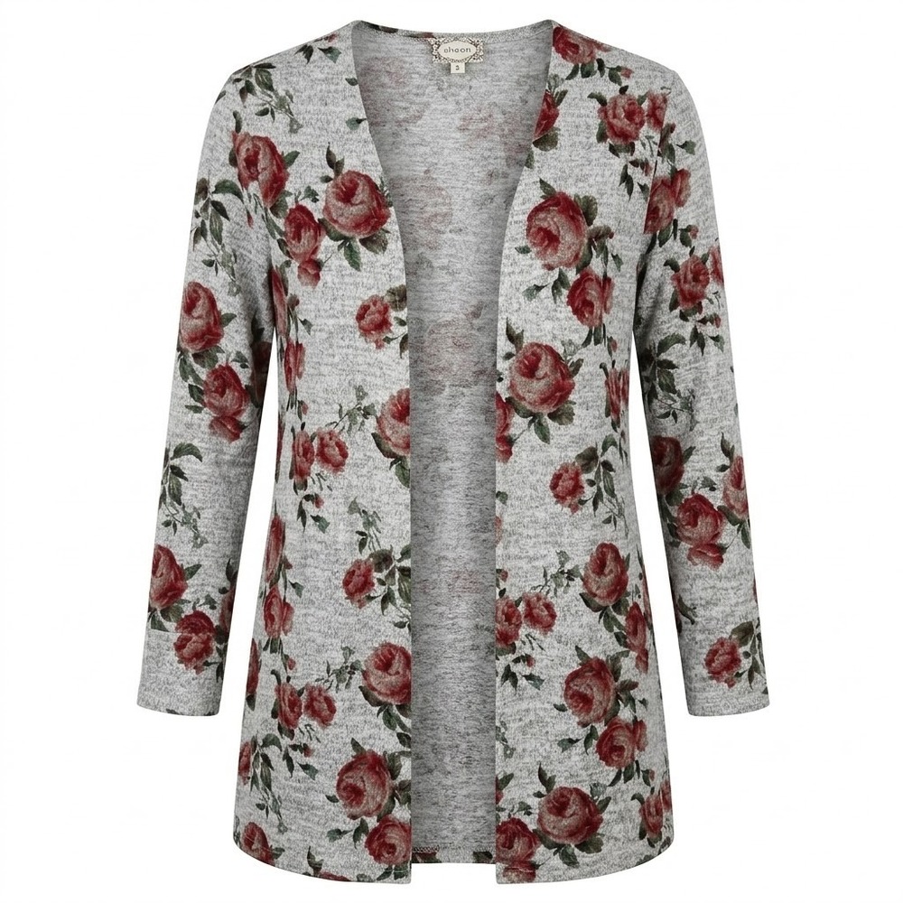 Skonhet Womens Gray Red Floral Rose Open Front Cardigan‎ Sweater Large